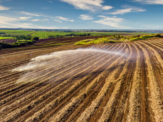 Soil treatment in sugarcane plantation. vinhoto nutritive substance , aerial view
