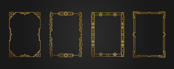 Golden engraved frame with decorative pattern. Vector template of empty frame a4 format with golden ornament. Abstract geometry with elements of heraldry, arabic, art deco, vintage, line border, label