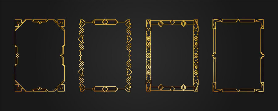 Golden engraved frame with decorative pattern. Vector template of empty frame a4 format with golden ornament. Abstract geometry with elements of heraldry, arabic, art deco, vintage, line border, label