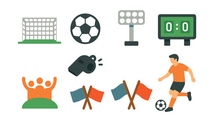 Obraz premium Football match elements icons set – goal, ball, referee, player, fans, flags, scoreboard. Vector icons set