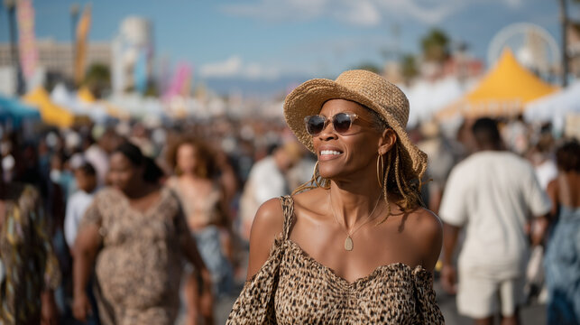 Woman Smiling at Juneteenth Festival in Colorful Crowd  