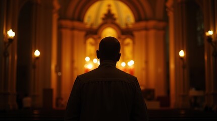 Naklejka premium A rear view of a solitary Catholic clergyman facing the altar in a majestic church, symbolizing reverence and papal election. 