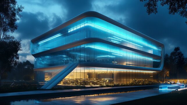 Contemporary office structure with bioluminescent technology, glowing facades and natural light utilization emphasizing energy conservation. 