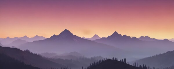 Obraz premium Misty mountain peaks, ombre sunset sky, gradient colors , ethereal, wilderness, wild