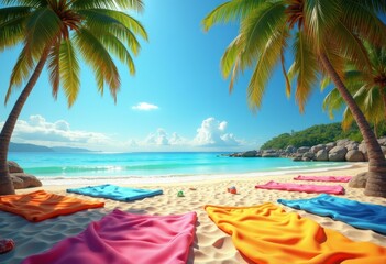 vibrant beach towels arrayed golden sand tropical relaxation coastal scenery, sun, summer, shore, mattress, texture, pattern, vivid, landscape, paradise