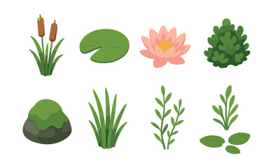 Naklejka premium Lake flora icon set – water lily, cattail, lily pad, algae, bush, grass, leaf, shrub, rock. Vector icons set