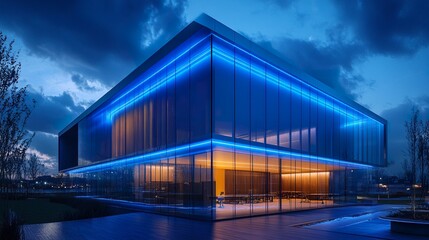 Obraz premium Eco-friendly office building with bioluminescent lighting, sleek architecture combining natural illumination and energy-saving technology. 