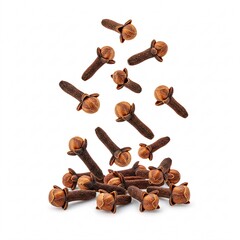 Pile of brown clove buds falling onto a white surface, creating a motion effect,