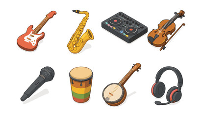 Music genres icons set – guitar, saxophone, dj console, violin, microphone, drum, banjo, headphones. Vector icons set