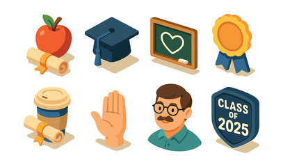 Teacher appreciation icons set: apple, diploma, graduation cap, chalkboard, award, coffee, hand, teacher, class shield. Vector icons set