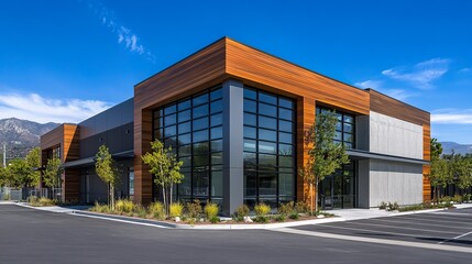 Exterior of a modern industrial warehouse with an attached small office, blending sleek architectural design with functional business needs. 