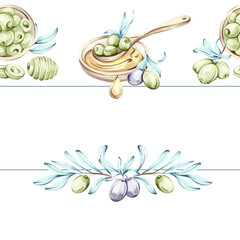 Explore the vibrant beauty of olives and olive oil in a watercolor illustration series celebrating Italian cuisine and nature frame, border, arrangement