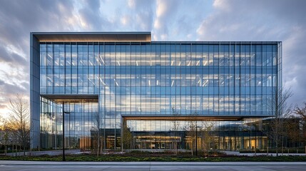 Fototapeta premium Exterior of a tall modern building with a seamless glass facade, highlighting cutting-edge architectural trends in urban environments. 