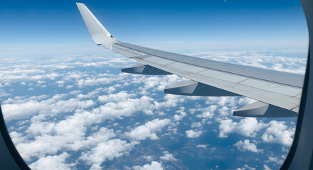 Obraz premium Airplane Wing View From Aircraft Window Featuring Blue Sky and White Clouds during Flight on Clear Day and Aerial Perspective