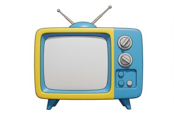 A cartoon television set with yellow and blue color scheme design isolated on white background