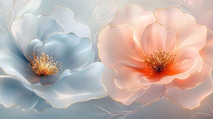 Exquisite composition of two delicate translucent flowers in pastel blue and peach tones with golden outlines on a blurred light background. Generative AI