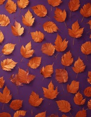 Fototapeta premium Geometric pattern of metallic orange leaves against a rich violet Elegant autumnal motif , stylish, decor, retro
