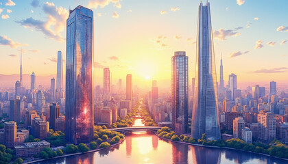 Obraz premium Modern skyline at sunset reflecting in water 