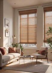 Fototapeta premium Chic apartment living room with Venetian blinds, plush seating , venetian blind, opulent