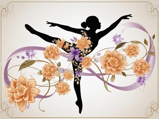 the silhouette of a girl performing a gymnastic exercise with a ribbon decorated with rose and lavender flowers, symbolizing beauty, flexibility and creativity.