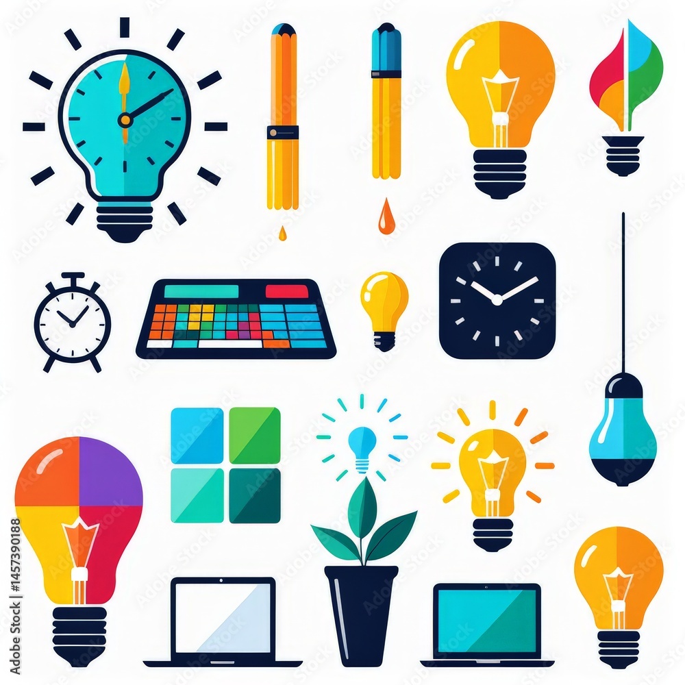 Fototapete set of vector icons with creative idea and business concepts.