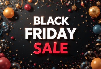 Background with large neon Black Friday text on a dark background, decorated with gifts, balloons and sparklers,.a symbol of big discounts and holiday shopping.