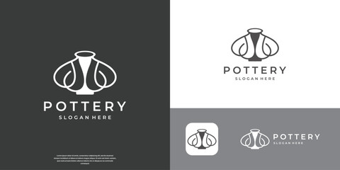 Fototapeta premium Handmade ceramic studio or shop, Clay jug and Pottery store. Hands made pottery logo.