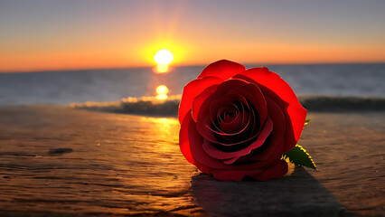 Close-up of a Rose Flower with Detailed Petals Against a Vibrant Sunset Sky by the Sea, Showcasing Warm Natural Textures