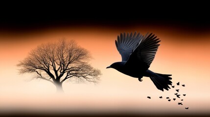 Fototapeta premium A silhouette of a bird flying near a barren tree at sunset