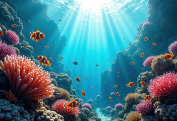 Obraz premium vibrant colorful coral reef teeming diverse tropical fish underwater paradise, rainbow, lgbtq, lgbt, pride, love, equality, sea, ocean, marine, biodiversity