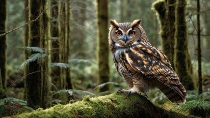 Majestic owl in a mossy forest.  A large owl, with striking eyes and a patterned plumage, perched on a mossy log, amid tall trees in a lush forest