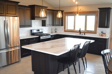 Fototapeta premium Modern Farmhouse Kitchen Design: Elegant Dark Cabinets and White Countertops