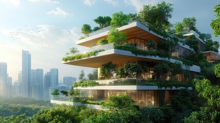 Modern corporate building with a sustainable design, glass panels reflecting the cityscape and trees reducing carbon footprint in a green environment.  