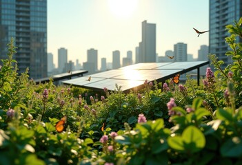 Fototapeta premium vibrant green rooftop garden solar panels sustainable eco friendly urban landscape, plants, vegetation, sky, architecture, cityscape, design, innovation