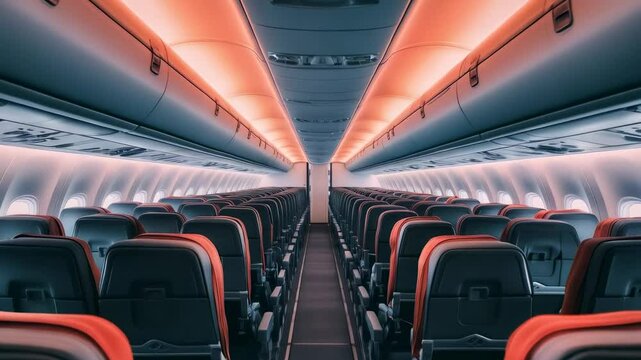 Airplane cabin interior with soft red overhead lighting, revealing clean rows of contemporary seats showcasing minimalist aviation design and sleek passenger environment