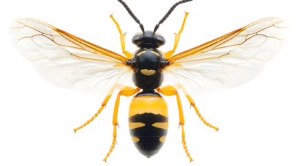 A close-up of a wasp with black and yellow stripes and clear wings, isolated on white background