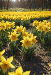 Obraz premium Sunlit field of vibrant yellow daffodils, petals gleaming , floral, photography, detail