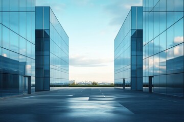 Fototapeta premium View of modern glass buildings with sky reflecting on the surface below them
