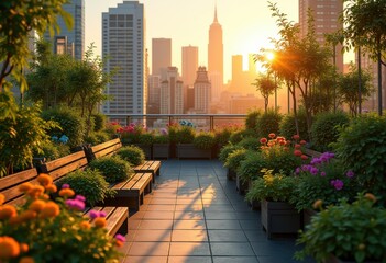 Obraz premium vibrant urban rooftop garden lush plant life greenery container horticulture microclimate sky garden eco friendly oasis, vegetation, flowers, fruits, shrubs