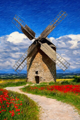 Painting style image of a winding path bordered by wildflowers, leading to vintage windmill in south of France