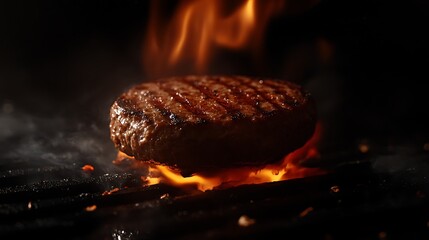 Grilled burger with flickering flames and black background