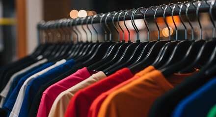 Fototapeta premium Colorful Assorted T Shirts Hanging on Metal Rack in Retail Store with Bokeh Background