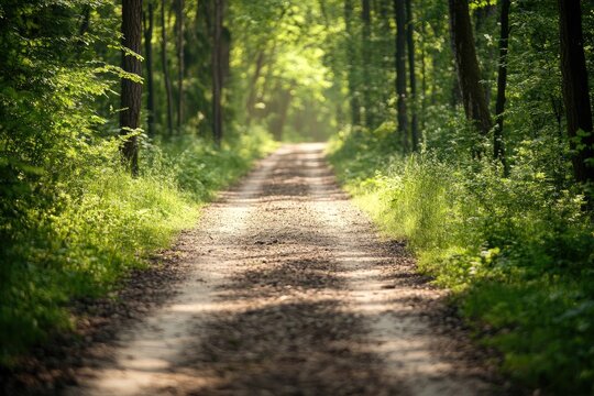 Sunlit forest path. Lush greenery surrounds a dirt road that stretches into a sun-dappled woodland