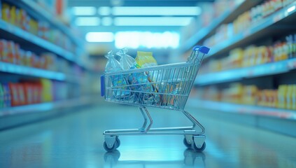 Shopping Cart in Supermarket Aisle: Groceries and Consumerism