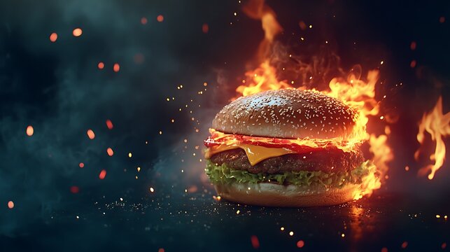 A vibrant burger with fiery flames bursting on dark background