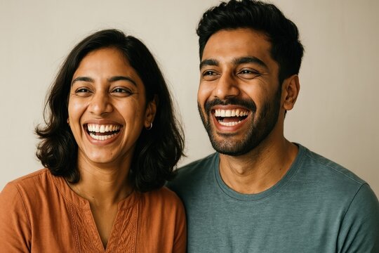 Happy couple smiling together joyfully.