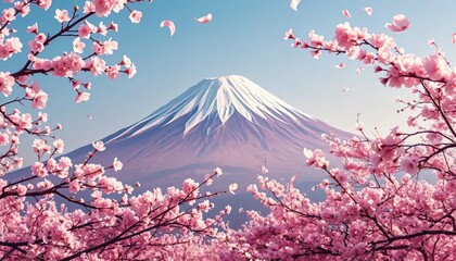  Breathtaking View of Mount Fuji Framed by Blooming Cherry Blossoms Under a Clear Blue Sky – A Serene Springtime Scene in Japan Celebrating 100 Years of Natural Beauty and Cultural Heritage
