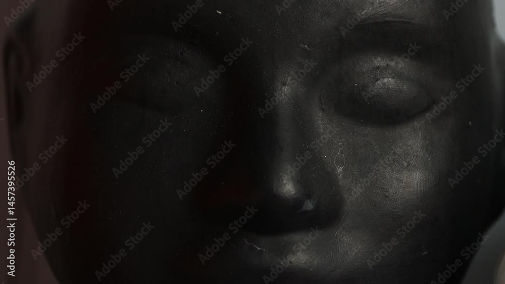 Poster a detailed view of a person's face on a statue, suitable for artistic or architectural contexts