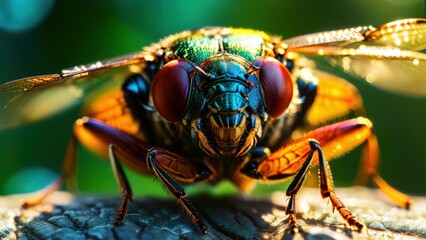 Fototapeta premium Close-Up of Vibrant Insect with Colorful Wings and Detailed Body Structure Captured in Natural Habitat Against a Soft Green Background