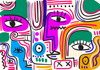 Abstract cubism-style illustration featuring expressive human faces, vibrant colors, bold lines, and playful geometric compositions.